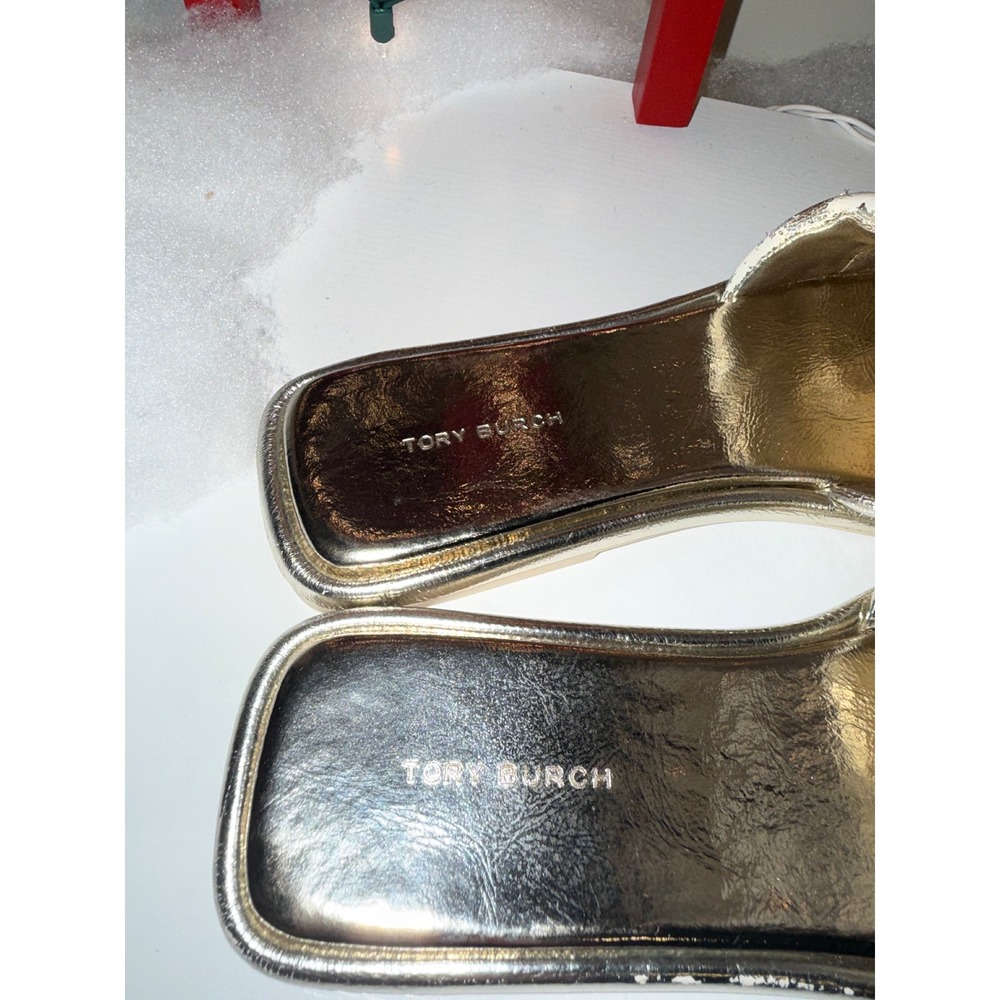 Tory Burch Miller Metal Logo Slides Gold Metallic Leather Sandals Women Size 8 - Picture 5 of 9